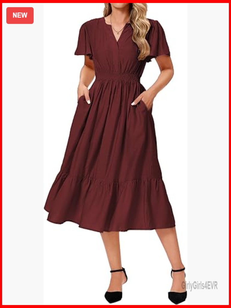 Flutter Ruffle Sleeve V-Neck Midi Dress With Pockets